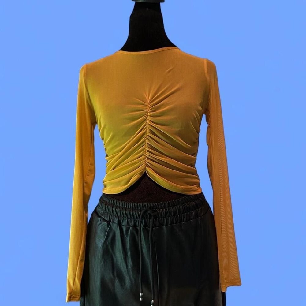 Fashion Nova Golden Yellow Ruched Mesh Long Sleeve Crop Top Size S